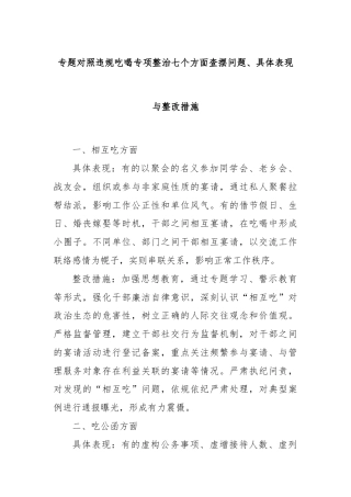 专题对照违规吃喝专项整治七个方面查摆问题、具体表现与整改措施