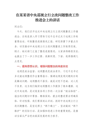 在某某省中央巡视立行立改问题整改工作推进会上的讲话