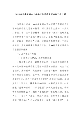 2025年市委党建办上半年工作总结及下半年工作计划