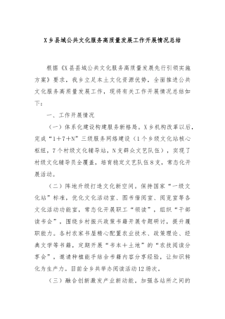 X乡县域公共文化服务高质量发展工作开展情况总结