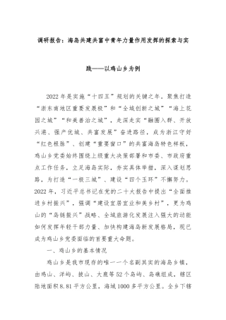 调研报告：海岛共建共富中青年力量作用发挥的探索与实践——以鸡山乡为例