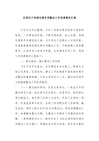 区委关于违规吃喝专项整治工作进展情况汇报