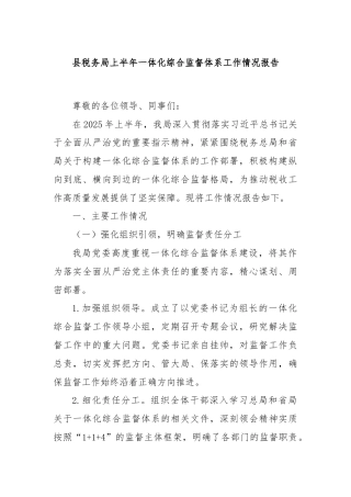 县税务局上半年一体化综合监督体系工作情况报告