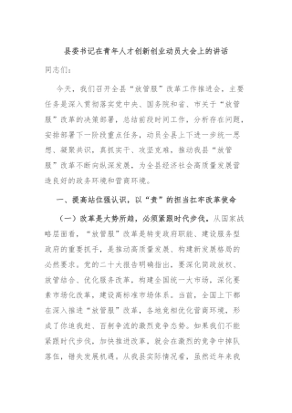 县委书记在青年人才创新创业动员大会上的讲话
