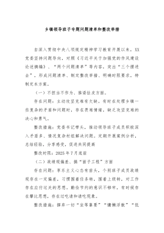 乡镇领导班子专题问题清单和整改举措