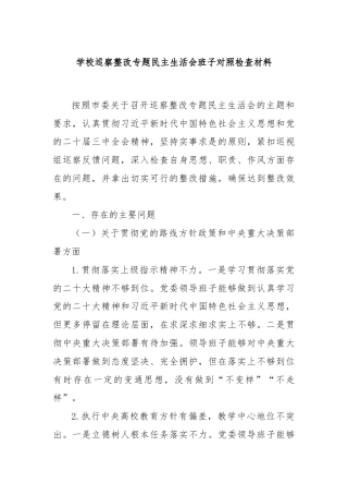 学校巡察整改专题民主生活会班子对照检查材料