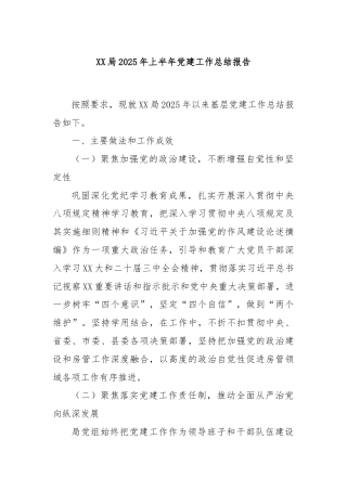XX局2025年上半年党建工作总结报告