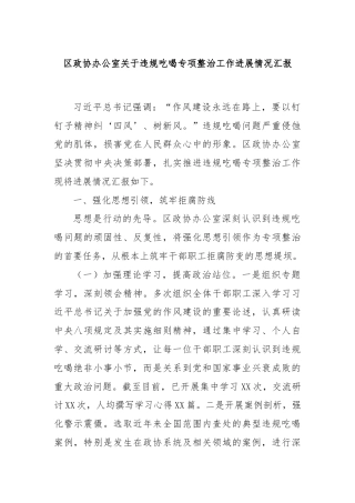 区政协办公室关于违规吃喝专项整治工作进展情况汇报