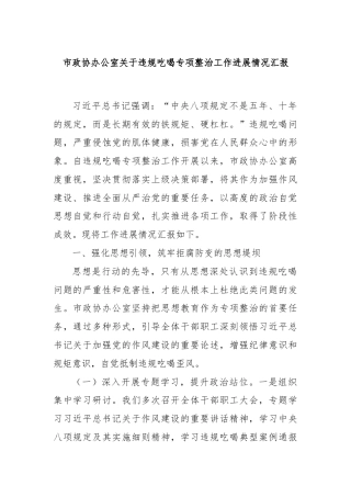 市政协办公室关于违规吃喝专项整治工作进展情况汇报