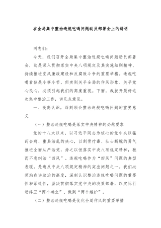 在全局集中整治违规吃喝问题动员部署会上的讲话