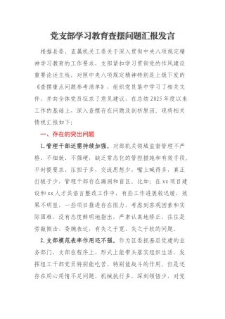 党支部学习教育查摆问题汇报发言