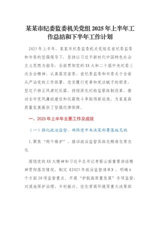 某某市纪委监委机关党组2025年上半年工作总结和下半年工作计划