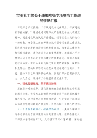市委社工部关于违规吃喝专项整治工作进展情况汇报