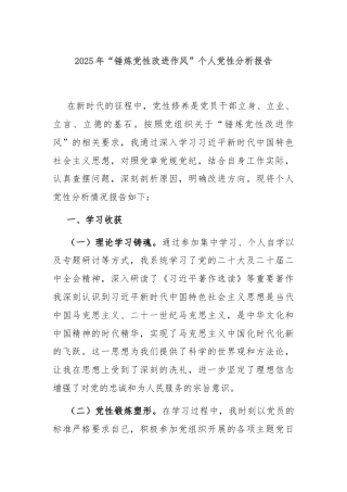 2025年“锤炼党性改进作风”个人党性分析报告