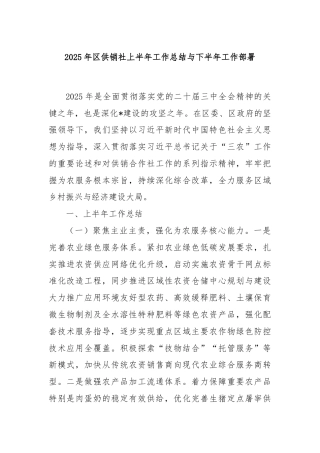 2025年区供销社上半年工作总结与下半年工作部署