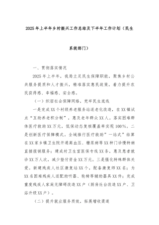 2025年上半年乡村振兴工作总结及下半年工作计划（民生系统部门）