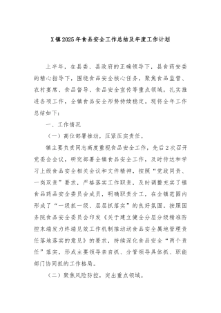 X镇2025年食品安全工作总结及年度工作计划