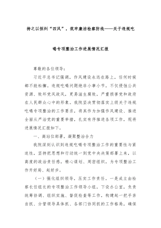 持之以恒纠“四风”，筑牢廉洁检察防线——关于违规吃喝专项整治工作进展情况汇报