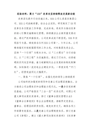 经验材料：聚力“133”改革攻坚持续释放发展新动能