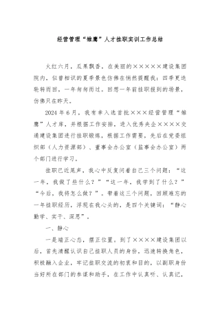 经营管理“雏鹰”人才挂职实训工作总结