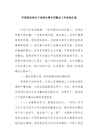 市委组织部关于违规吃喝专项整治工作进展汇报