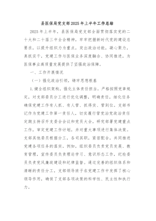 县医保局党支部2025年上半年工作总结