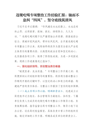 违规吃喝专项整治工作经验汇报：驰而不息纠“四风”，坚守底线筑清风