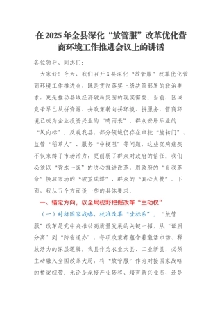 在2025年全县深化“放管服”改革优化营商环境工作推进会议上的讲话