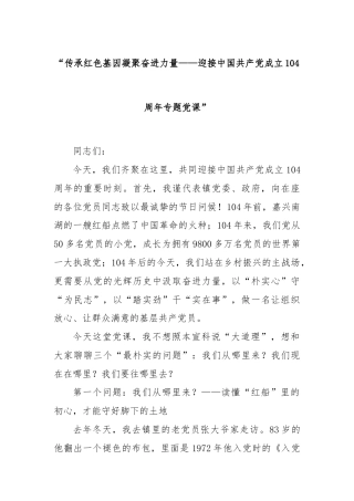 “传承红色基因凝聚奋进力量——迎接中国共产党成立104周年专题党课”