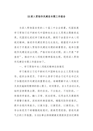 XX深入贯彻作风建设专题工作报告