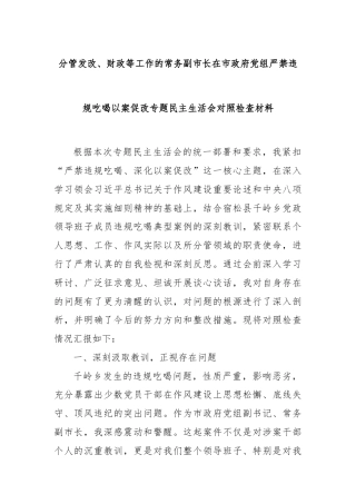 分管发改、财政等工作的常务副市长在市政府党组严禁违规吃喝以案促改专题民主生活会对照检查材料