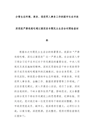 分管生态环境、商务、退役军人事务工作的副市长在市政府党组严禁违规吃喝以案促改专题民主生活会对照检查材料