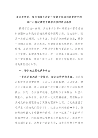 某区委常委、宣传部部长在新任市管干部培训班暨树立和践行正确政绩观专题培训班的培训感悟