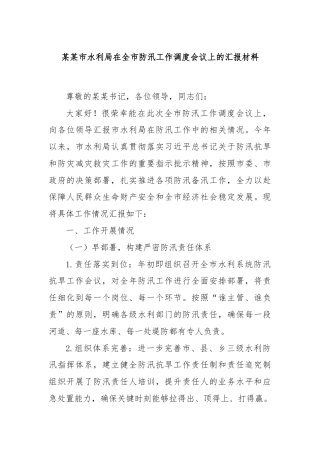 某某市水利局在全市防汛工作调度会议上的汇报材料