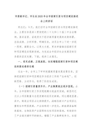 市委副书记、市长在2025年全市招商引资与项目建设推进会上的讲话