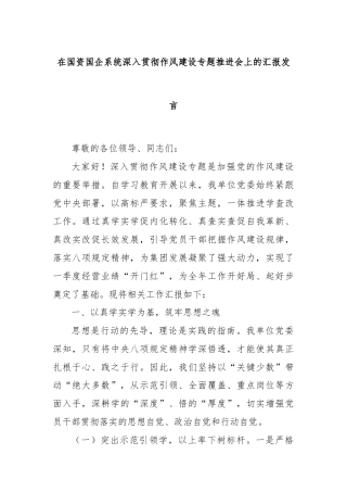 在国资国企系统深入贯彻作风建设专题推进会上的汇报发言