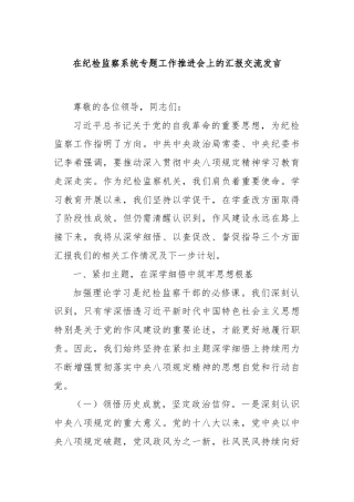 在纪检监察系统专题工作推进会上的汇报交流发言