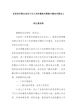 在某某市群众身边不正之风和腐败问题集中整治专题会上的汇报材料