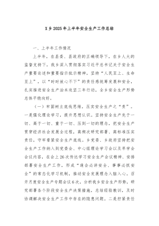 X乡2025年上半年安全生产工作总结
