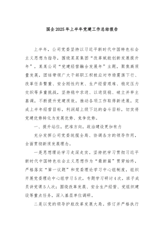 国企2025年上半年党建工作总结报告