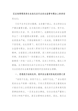 区应急管理局局长在危化品行业安全监管专题会上的讲话