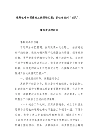 违规吃喝专项整治工作经验汇报：抓铁有痕纠“四风”，廉洁发改树新风