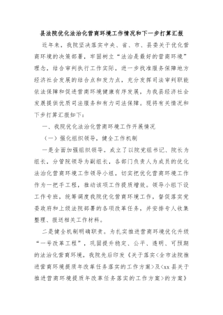 县法院优化法治化营商环境工作情况和下一步打算汇报