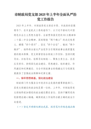 市财政局党支部2025年上半年全面从严治党工作报告
