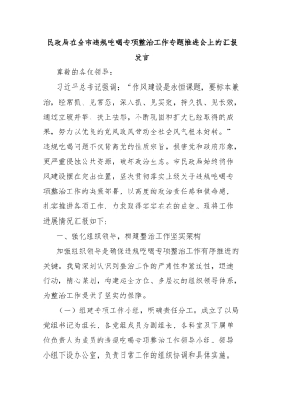 民政局在全市违规吃喝专项整治工作专题推进会上的汇报发言