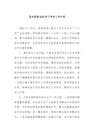 县水利局2025年下半年工作计划