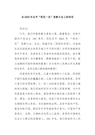 在2025年全市“两优一先”表彰大会上的讲话