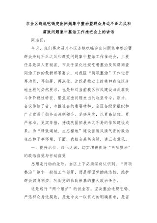 在全区违规吃喝突出问题集中整治暨群众身边不正之风和腐败问题集中整治工作推进会上的讲话