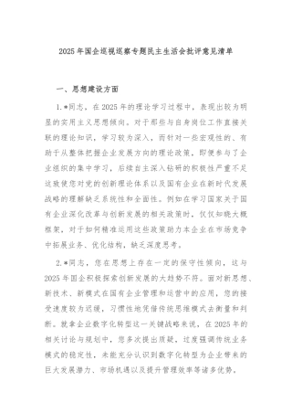 2025年国企巡视巡察专题民主生活会批评意见清单