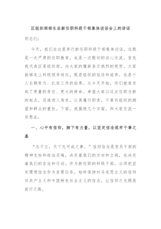 区组织部部长在新任职科级干部集体谈话会上的讲话